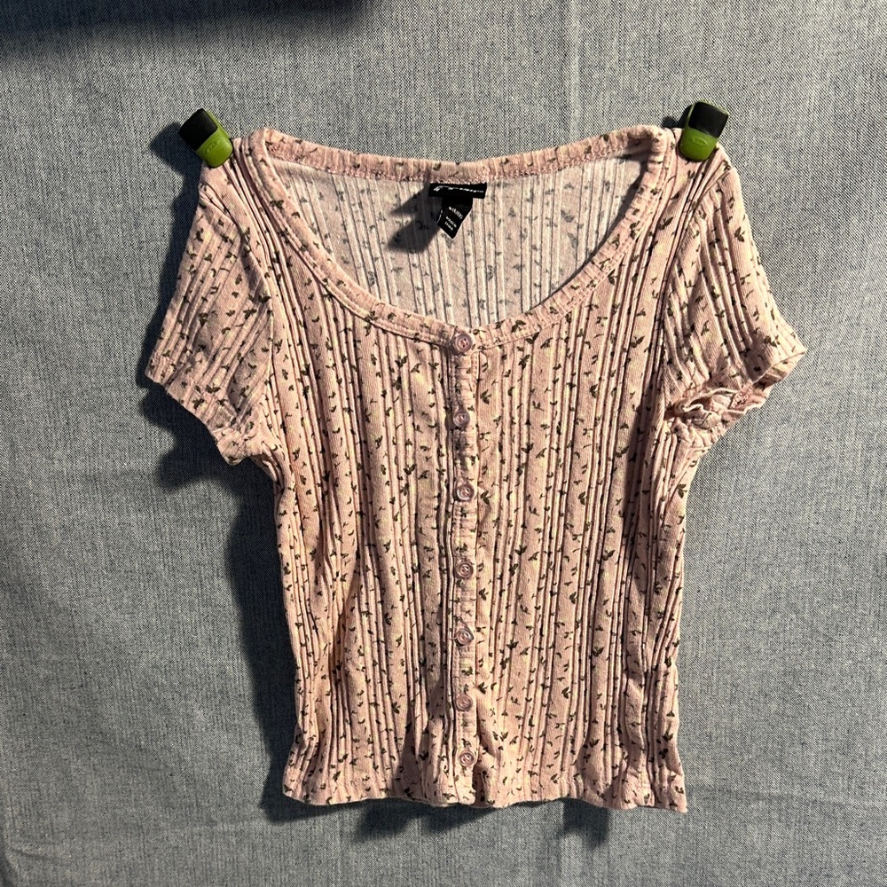 art class Light Pink Ribbed Button Front Tee with Tiny Floral Pattern